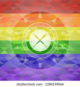 crossed swords icon inside lgbt colors emblem 