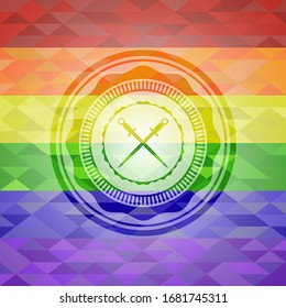 crossed swords icon inside lgbt colors emblem 