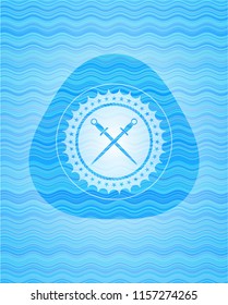 crossed swords icon inside light blue water style badge.