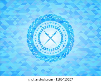 crossed swords icon inside light blue emblem with triangle mosaic background