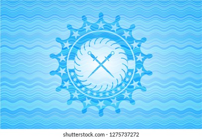 crossed swords icon inside light blue water wave style emblem.
