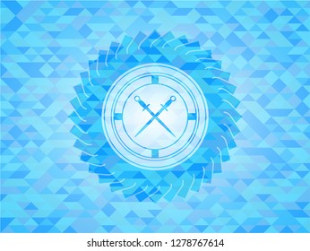 crossed swords icon inside light blue emblem. Mosaic background