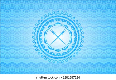 crossed swords icon inside light blue water wave style emblem.