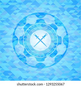 crossed swords icon inside light blue emblem with triangle mosaic background