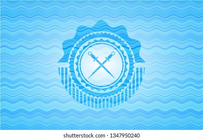 crossed swords icon inside light blue water style emblem.