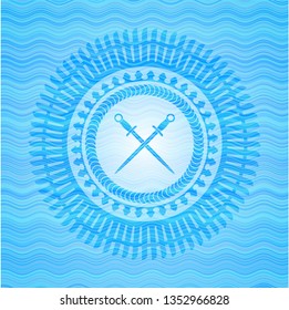 crossed swords icon inside light blue water emblem background.
