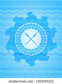 crossed swords icon inside light blue water style badge.
