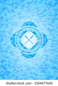 crossed swords icon inside light blue emblem. Mosaic background