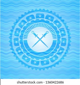 crossed swords icon inside light blue water badge.