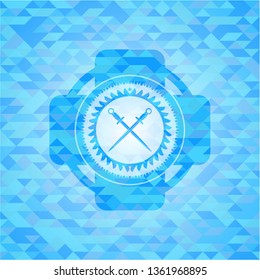crossed swords icon inside light blue emblem with triangle mosaic background