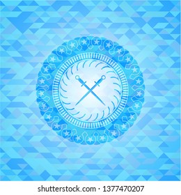 crossed swords icon inside light blue emblem. Mosaic background