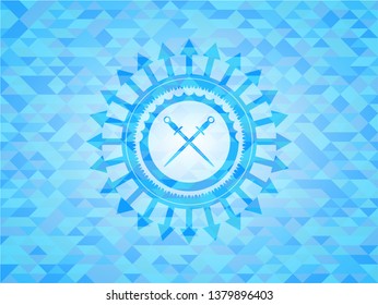 crossed swords icon inside light blue emblem with mosaic ecological style background