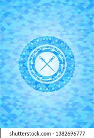 crossed swords icon inside light blue emblem. Mosaic background