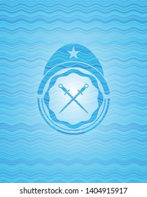 crossed swords icon inside light blue water wave badge.