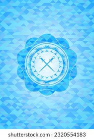 icono de espadas cruzadas dentro del emblema azul claro. Fondo mosaico. 