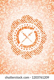 crossed swords icon inside orange tile background illustration. Square geometric mosaic seamless pattern with emblem inside.