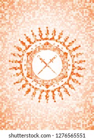 crossed swords icon inside orange mosaic emblem