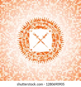 crossed swords icon inside orange mosaic emblem with background