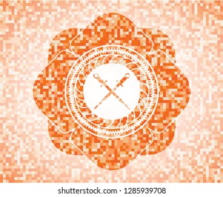 crossed swords icon inside orange mosaic emblem