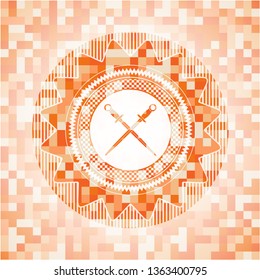 crossed swords icon inside orange mosaic emblem with background