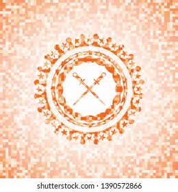 crossed swords icon inside orange mosaic emblem with background