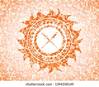 crossed swords icon inside orange tile background illustration. Square geometric mosaic seamless pattern with emblem inside.