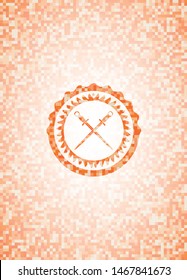 crossed swords icon inside orange mosaic emblem with background
