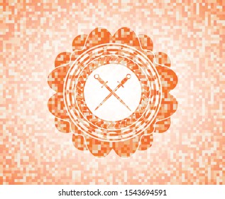crossed swords icon inside orange mosaic emblem