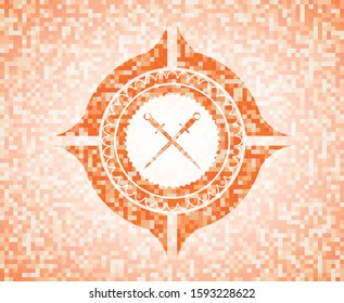 crossed swords icon inside orange tile background illustration. Square geometric mosaic seamless pattern with emblem inside.