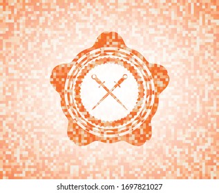 crossed swords icon inside orange mosaic emblem