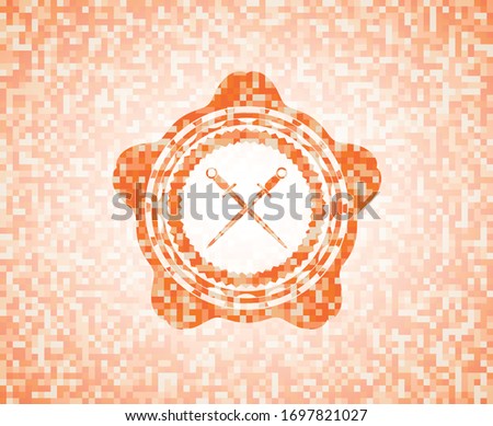 crossed swords icon inside orange mosaic emblem