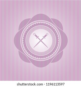 crossed swords icon inside pink emblem. Retro