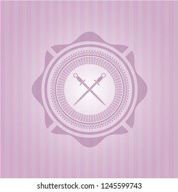 crossed swords icon inside pink emblem. Vintage.