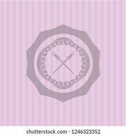 crossed swords icon inside pink emblem
