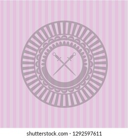crossed swords icon inside pink emblem. Vintage.
