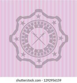 crossed swords icon inside pink emblem. Vintage.
