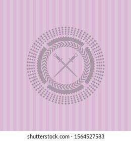 crossed swords icon inside pink emblem. Vintage.