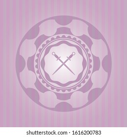 crossed swords icon inside pink emblem. Vintage.