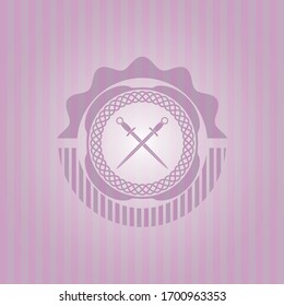 crossed swords icon inside pink emblem. Retro