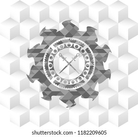 crossed swords icon inside realistic grey emblem with geometric cube white background