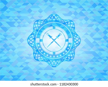 crossed swords icon inside realistic light blue mosaic emblem