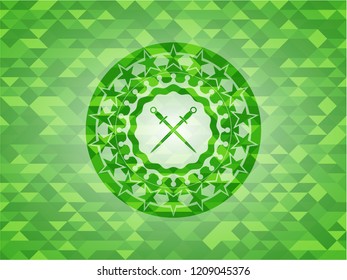 crossed swords icon inside realistic green emblem. Mosaic background