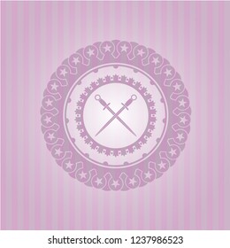 crossed swords icon inside realistic pink emblem