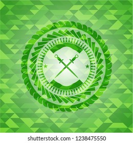 crossed swords icon inside realistic green emblem. Mosaic background