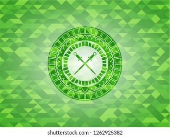 crossed swords icon inside realistic green emblem. Mosaic background