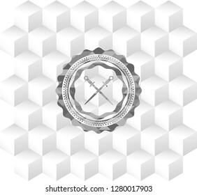 crossed swords icon inside realistic grey emblem with cube white background