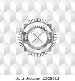 crossed swords icon inside realistic grey emblem with cube white background