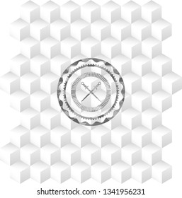 crossed swords icon inside realistic grey emblem with cube white background