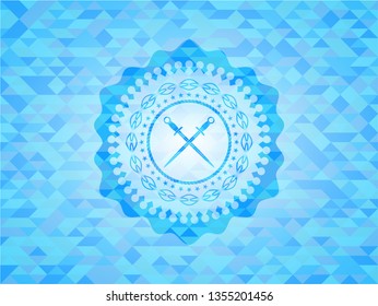 crossed swords icon inside realistic sky blue mosaic emblem