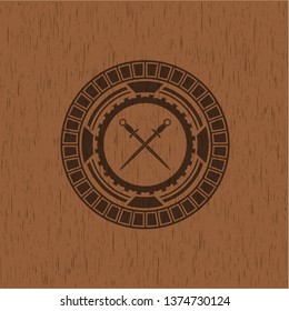 crossed swords icon inside realistic wooden emblem